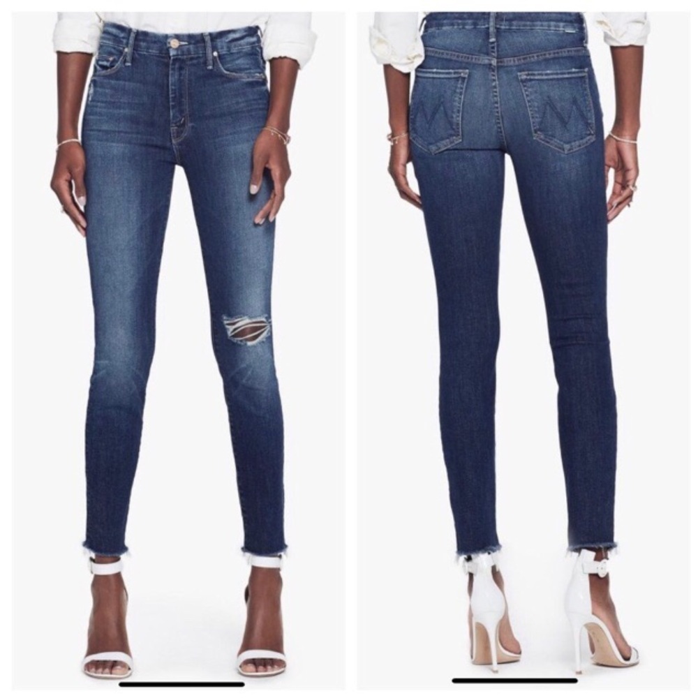 Mother High Waisted Looker Ankle Fray Jeans Cat Attack 24 Distressed Knee
